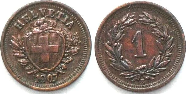 1907 SWITZERLAND 1 Rappen 1907 bronze XF+! EF+