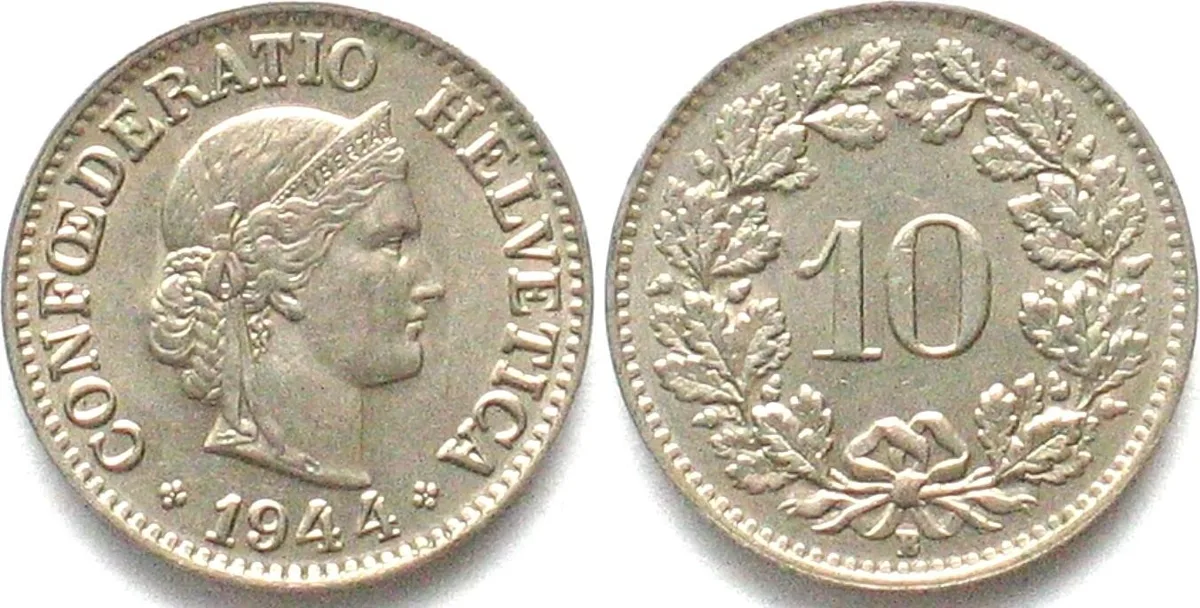1944 SWITZERLAND 10 Rappen 1944 Cu-Ni UNC!!!