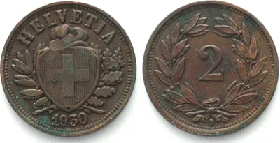 1930 SWITZERLAND 2 Rappen 1930 Bronze XF EF