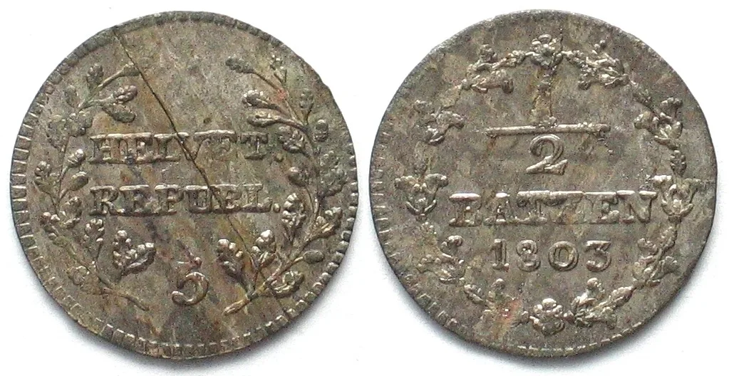 1803 HELVETIAN REPUBLIC 1/2 Batzen 1803 billon SCARCE DATE! UNC!!!