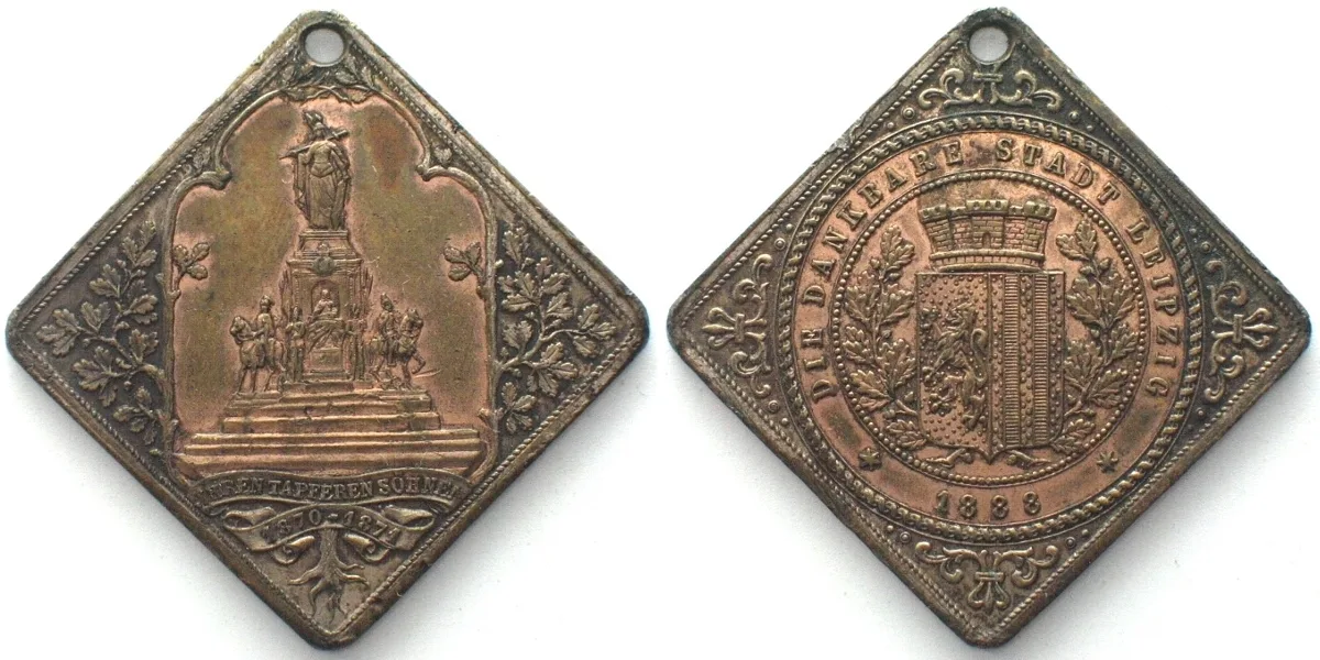1888 LEIPZIG 1888, Klippe medal, Victory Monument, brass, SCARCE! AU