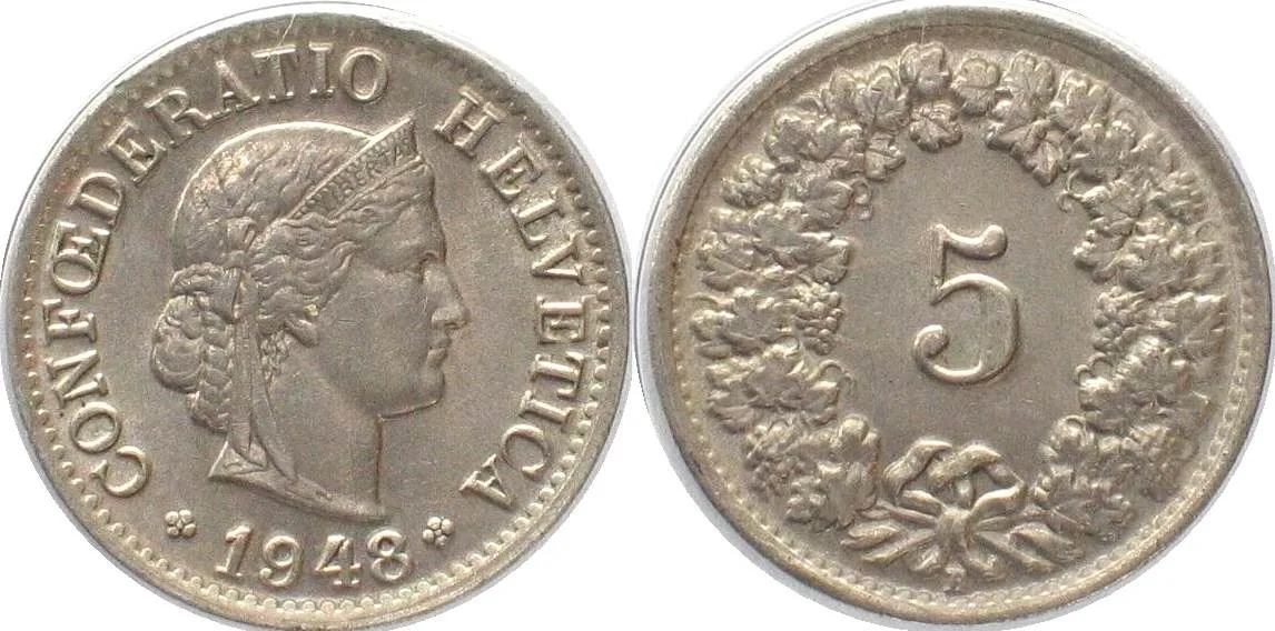 1948 SWITZERLAND 5 Rappen 1948 Cu-Ni BU!
