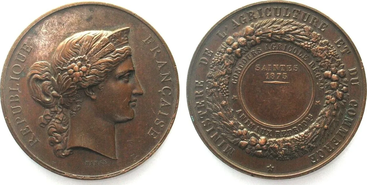 1875 SAINTES Breeding animal show 1875 bronze by Barre 51mm AU