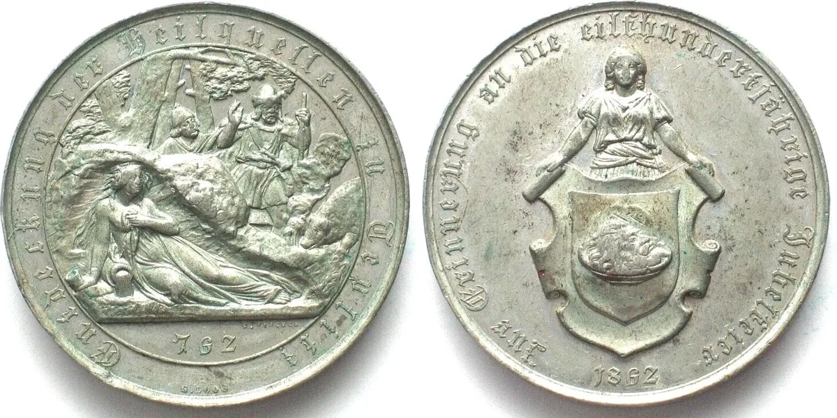 1862 BOHEMIA Medal 1862 TEPLITZ 1100 YEARS MINERAL SPRING white metal 50mm EF