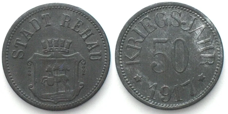 1917 Germany REHAU (Bavaria) 50 Pfennig 1917, NOTGELD, zinc AU