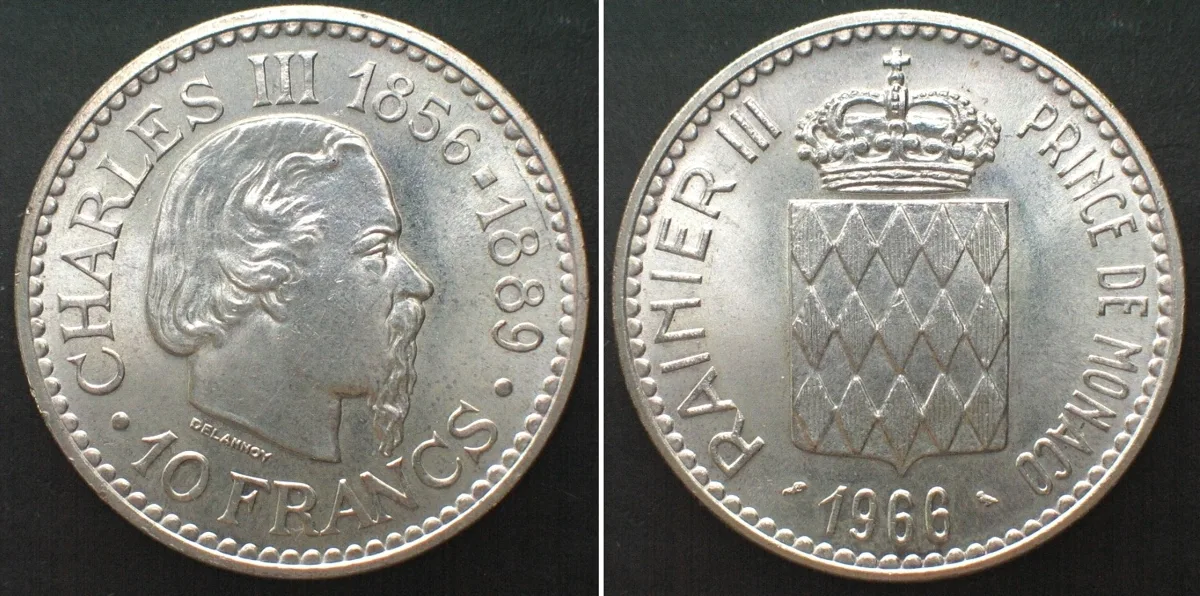 1966 MONACO. 10 Francs 1966, 100th Anniversary - Accession of Charles III, silver UNC