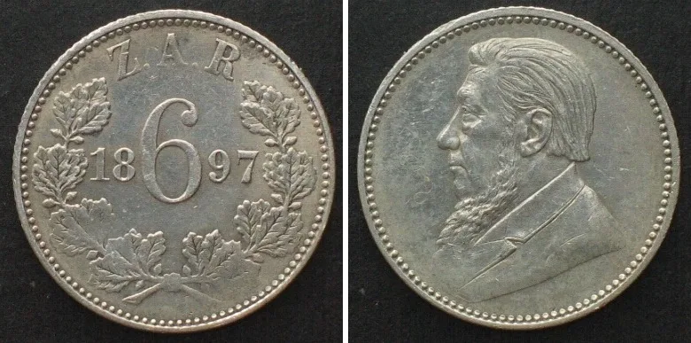 1897 SOUTH AFRICA 6 Pence 1897 KRUGER silver AU!