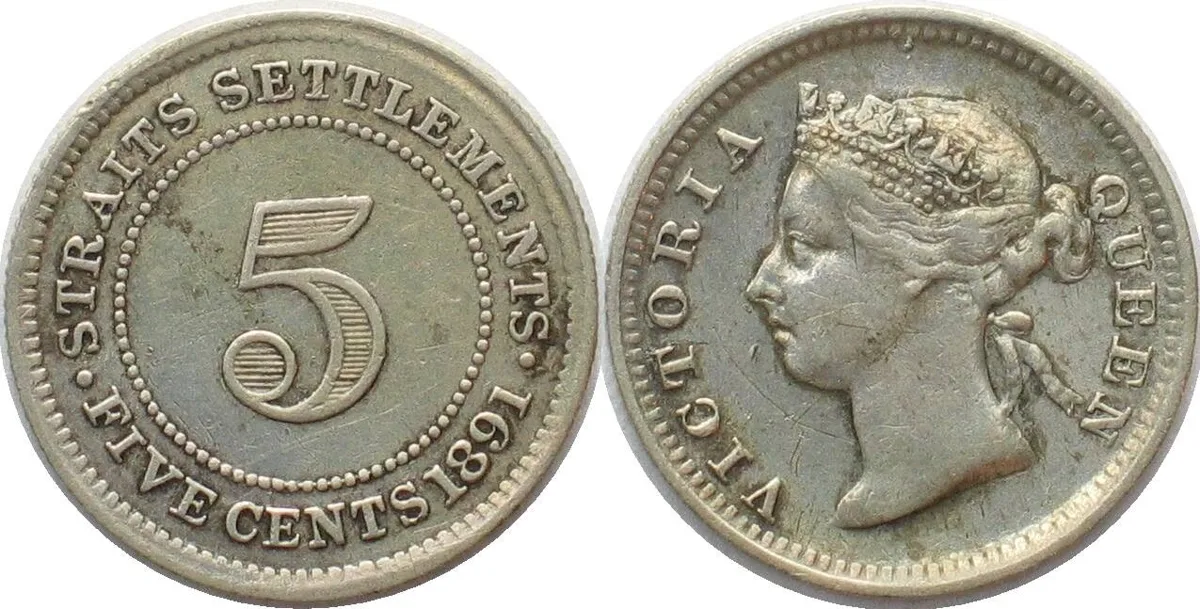 1891 STRAITS SETTLEMENTS 5 Cents 1891 VICTORIA silver XF! EF