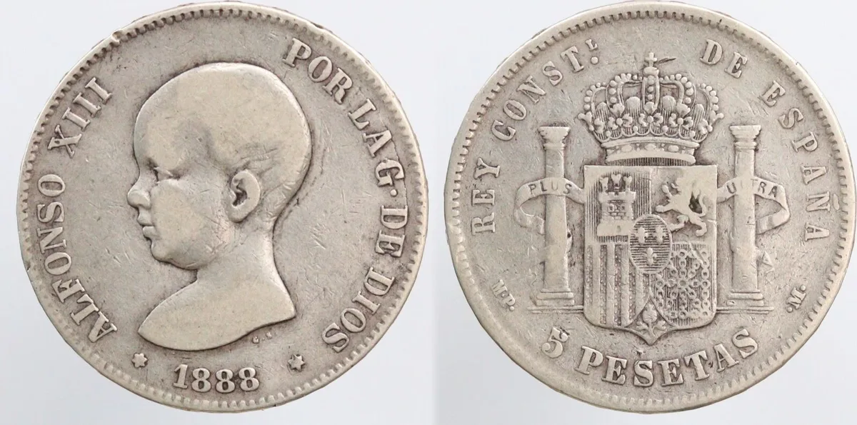 Spain Kingdom 1888 MPM 5 Pesetas - Alfonso XIII (1st portrait) Silver (.900)
