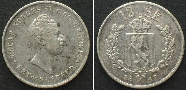 1847 NORWAY 12 Skilling 1847, OSCAR I of SWEDEN, silver VF-XF VF-EF
