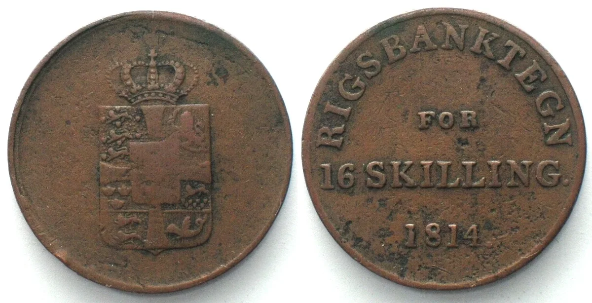 1814 DENMARK 16 Skilling Rigsbanktegn 1814 Token FREDERIK VI copper VF