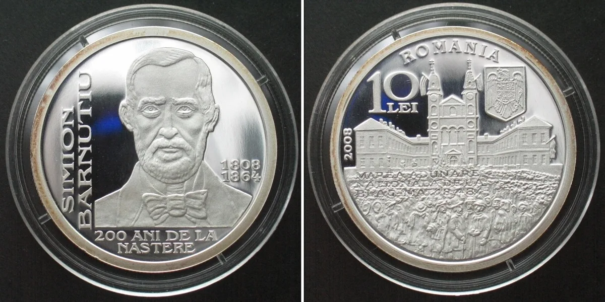 2008 ROMANIA 10 Lei 2008, Simon Barnutiu, silver, RARE! Proof