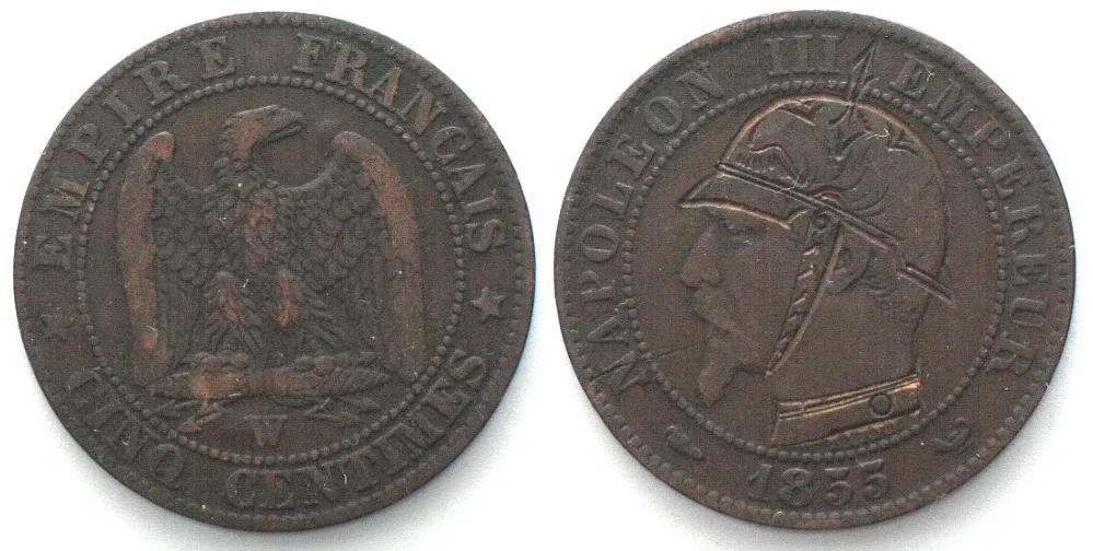 1855 SATYRIC 5 centimes 1855 W, NAPOLEON III reengraved w. Prussian pickelhaube VF+