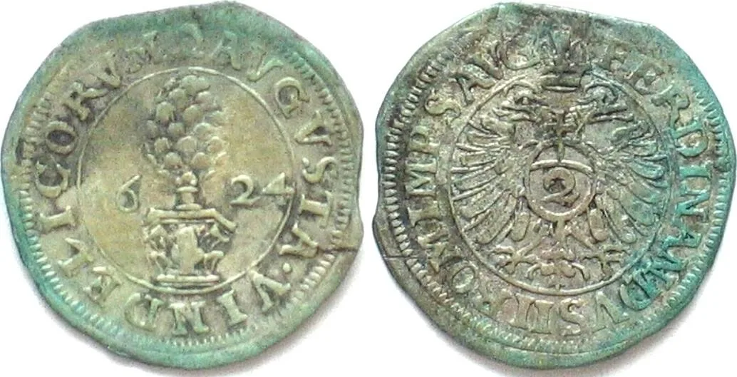 1624 AUGSBURG City 2 Kreuzer 1624 Title of FERDINAND II silver VF-XF VF-EF
