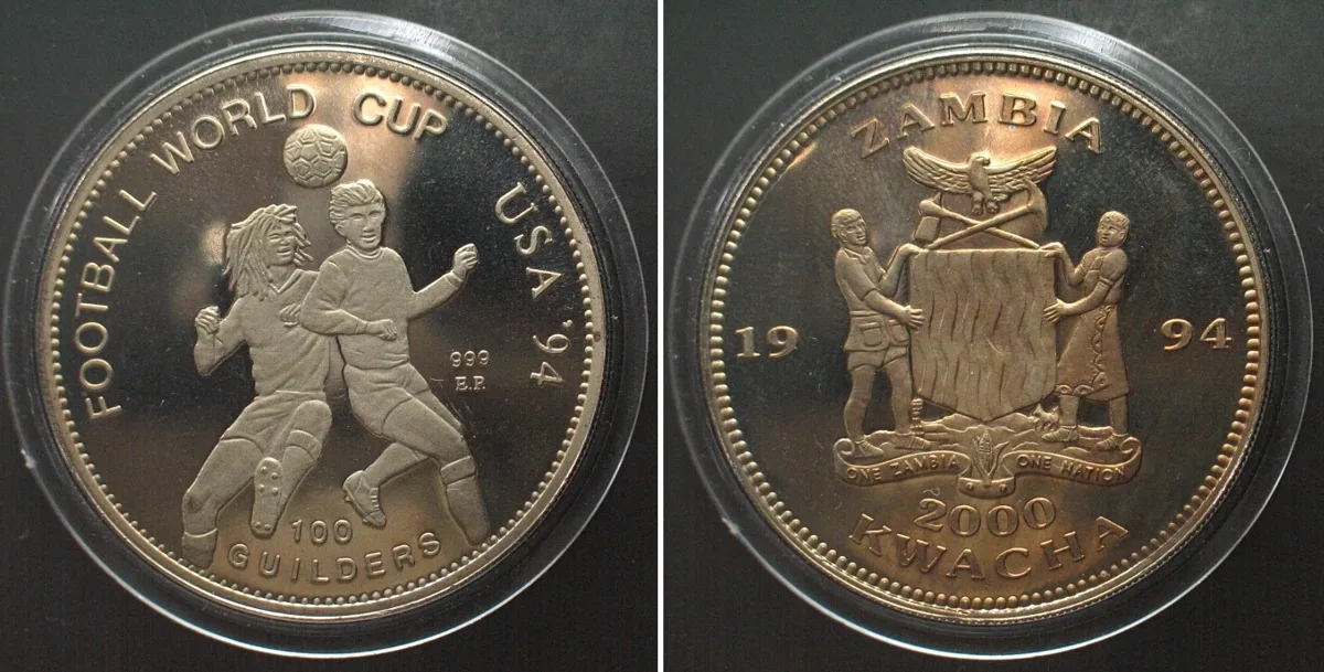 1994 MULE - ZAMBIA / SURINAME 2000 Kwacha / 100 Guilders 1994 Cu-Ni RARE! Proof