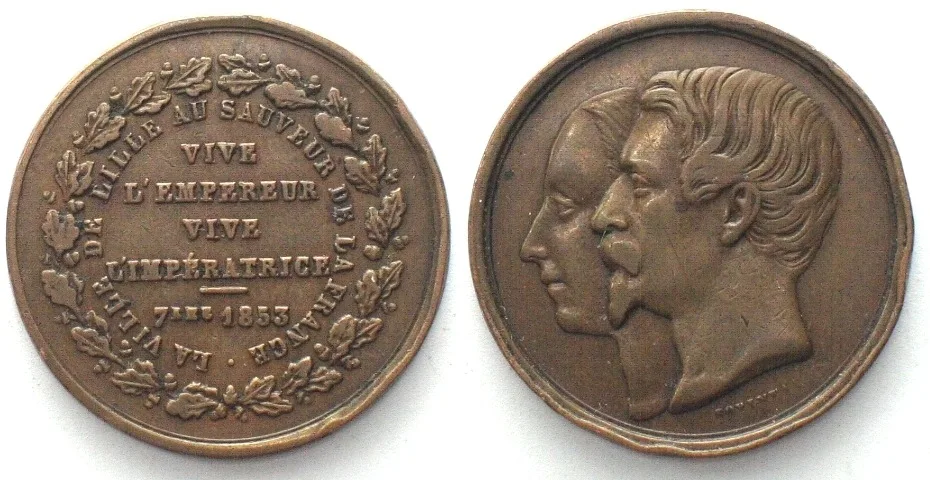 1853 NAPOLEON III & EUGENIE, Medal 1853 on their Visit to Lille, bronze 23mm VF+