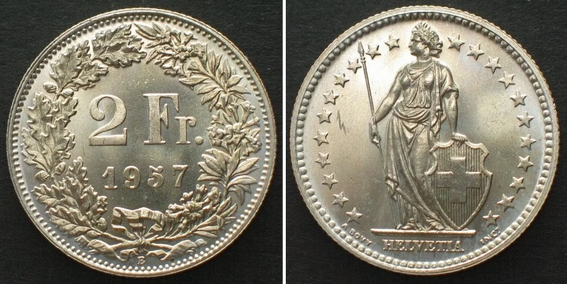 1957 SWITZERLAND. 2 Francs 1957 B, silver SPECIMEN