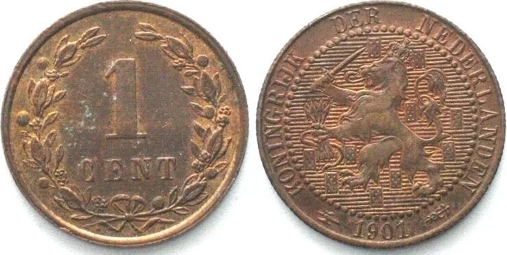 1901 NETHERLANDS 1 Cent 1901 WILHELMINA bronze UNC-!