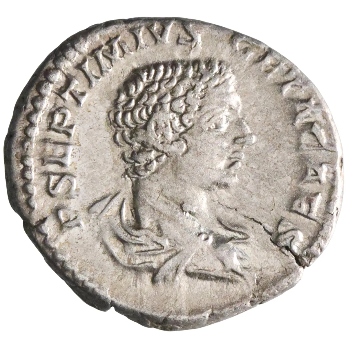 Roman: Geta, as Caesar (198-209), silver denarius (3.41g), Rome mint, 203-208 CE. Providentia standing left, holding wand over globe and sceptre.