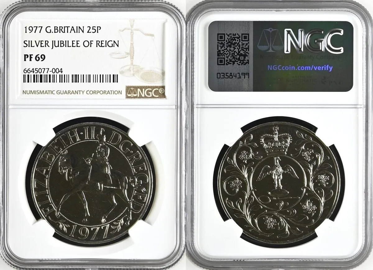 25P 1977 UK 25 Pence 1977 SILVER JUBILEE ELIZABETH II Cu-Ni NGC PF 69 Top Pop! NGC PF 69