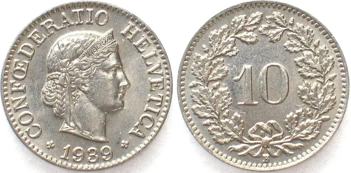 1939 SWITZERLAND 10 Rappen 1939 nickel UNC!