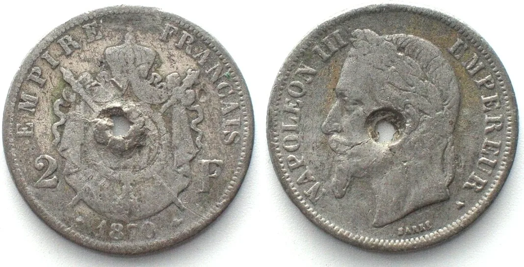 1870 FRANCE 2 Francs 1870 A, NAPOLEON III, Contemporary counterfeit, lead/tin alloy VF