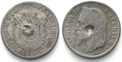 1870 FRANCE 2 Francs 1870 A, NAPOLEON III, Contemporary counterfeit, lead/tin alloy VF