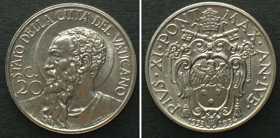 1933-1934 VATICAN 20 Centesimi 1933-34, Jubilee, PIUS XI, nickel UNC