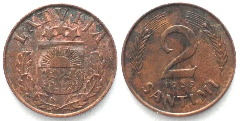 1939 LATVIA 2 Santimi 1939, never placed in circulation, bronze, SCARCE! AU