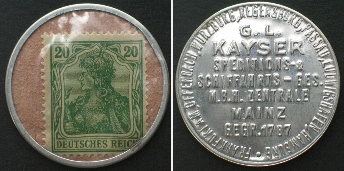 1920 Germany MAINZ 20 Pfennig ND(1920s) G. L. KAYSEL encased postage stamp money RARE EF