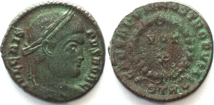 316-326 CRISPUS (317-326 AD). Bi Nummus, STR Crescent, Trier mint, VOT X, AU!