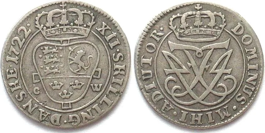 1722 DENMARK 12 Skilling 1722 FREDERIK IV silver VF+