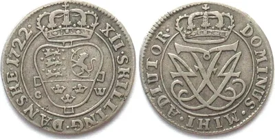 1722 DENMARK 12 Skilling 1722 FREDERIK IV silver VF+