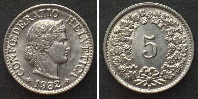 1932 SWITZERLAND 5 Rappen 1932 nickel UNC!