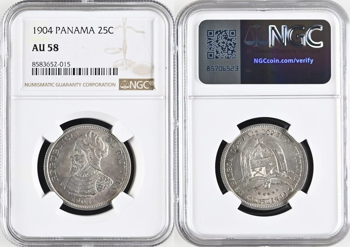 25C 1904 PANAMA. 25 Centesimos 1904 silver NGC AU 58 NGC AU 58