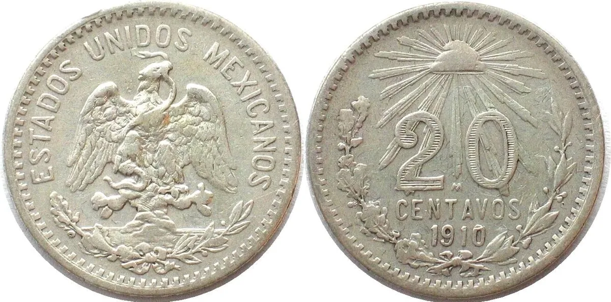 1910 MEXICO. 20 Centavos 1910, silver, VF+