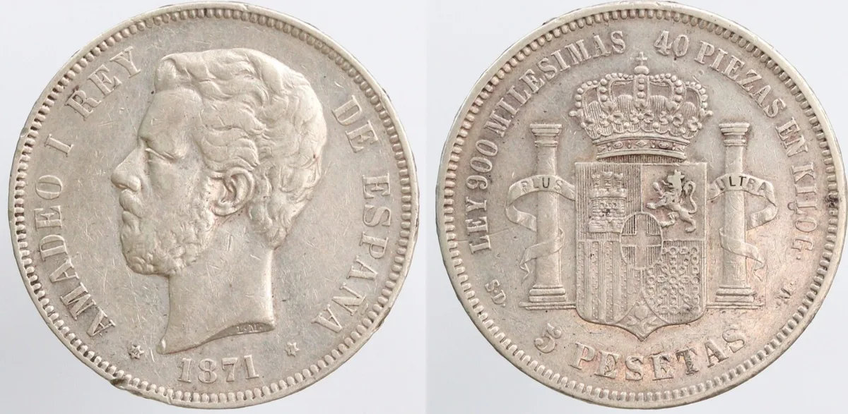 Spain Kingdom 1871 *18-71 SDM 5 Pesetas - Amadeo I Silver (.900) Madrid Mint