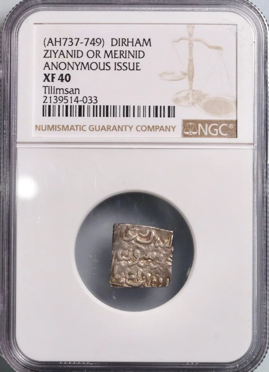 Merinid: Abu al-Hasan 'Ali (1331-1351), silver square dirham, Tilimsan (Tlemcen) mint, AH 737-749 (1336-1349). Phrase "ma aqraba faraj Allah" (how close is the relief from Allah). NGC XF40. Very rare.