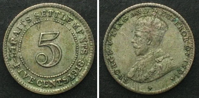 1918 STRAITS SETTLEMENTS. 5 Cents 1918, GEORGE V silver UNC-!