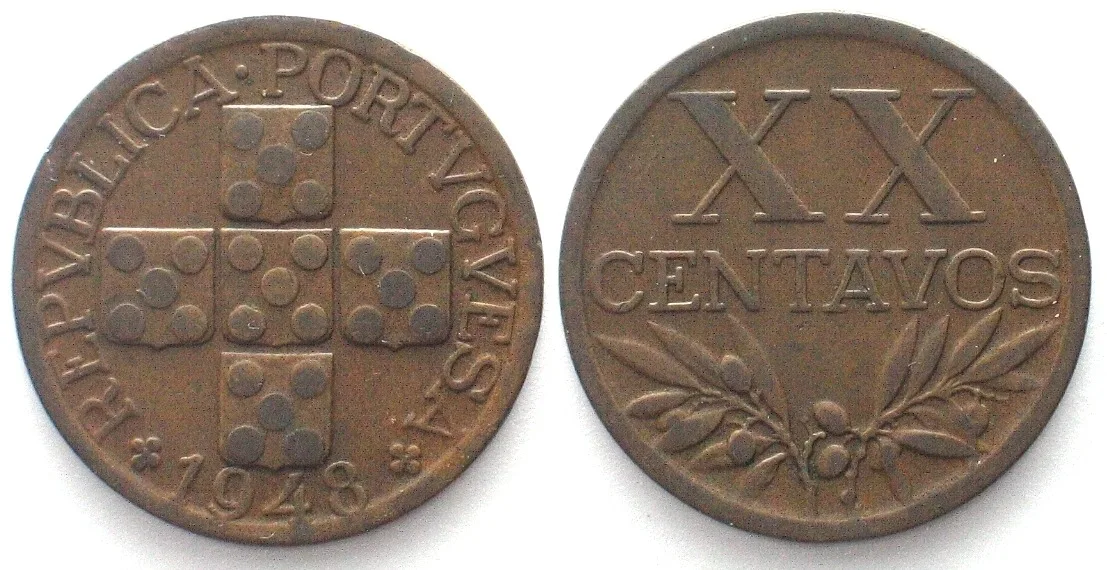 1948 PORTUGAL 20 Centavos 1948 bronze KEY DATE! XF EF