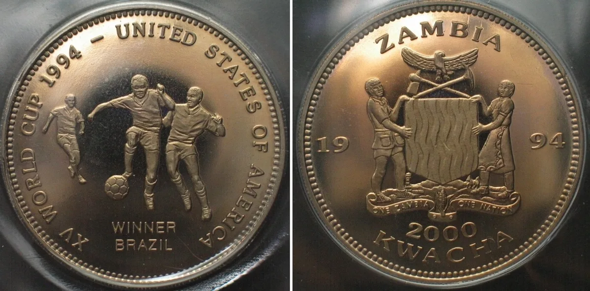 1994 ZAMBIA 2000 Kwacha 1994 WORLD CUP SOCCER, WINNER BRAZIL, Cu-Ni Proof