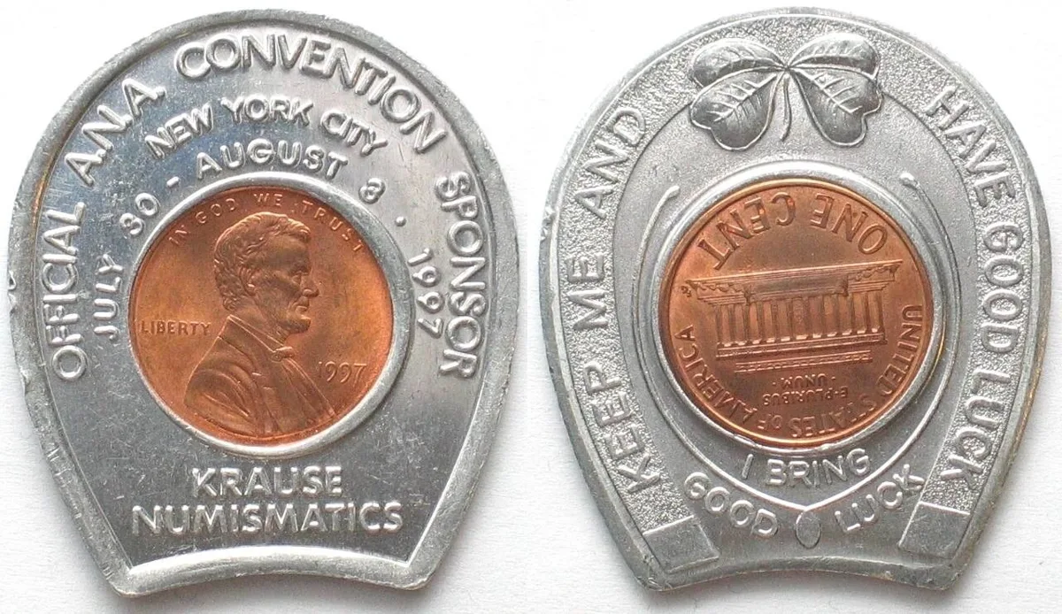 1997 KRAUSE NUMISMATICS 1997 A.N.A. CONVENTION encased Lincoln Cent GOOD LUCK UNC-