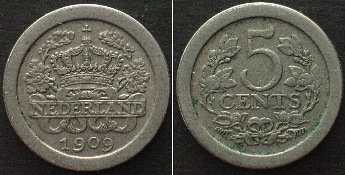 1909 NETHERLANDS 5 Cents 1909 WILHELMINA Cu-Ni KEY DATE! XF EF
