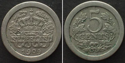 1909 NETHERLANDS 5 Cents 1909 WILHELMINA Cu-Ni KEY DATE! XF EF