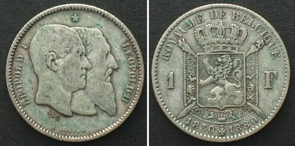 1880 BELGIUM 1 Franc 1880, 50TH ANN. OF INDEPENDENCE, silver VF+