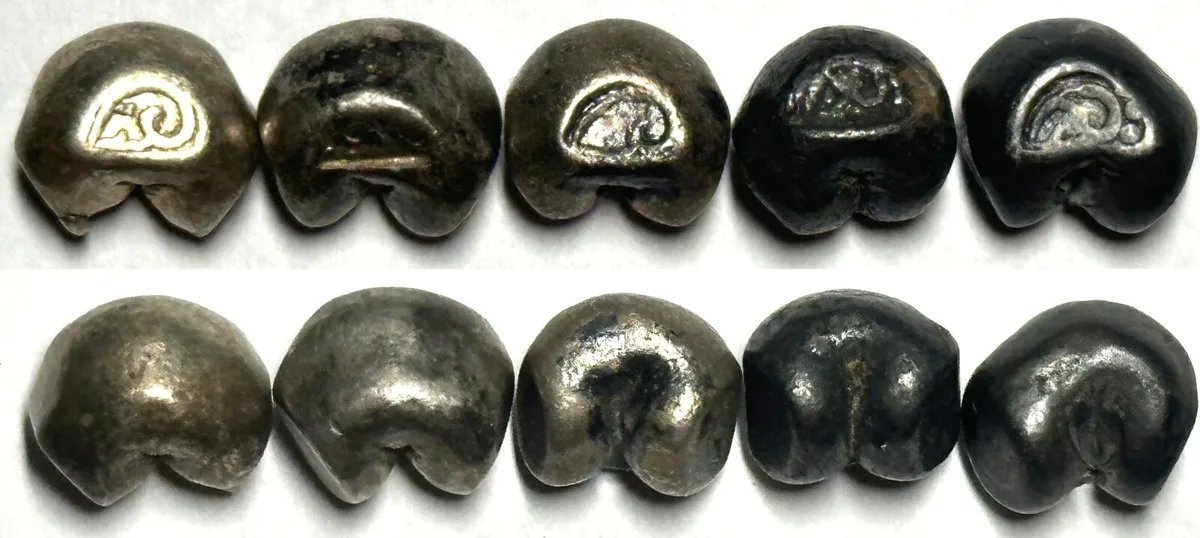 1703-1709 AYUTTHAYA. 5 x Salung (1/4 Baht) 1703-1709 PHETRACHA Pot Duang Bullet Coins VF