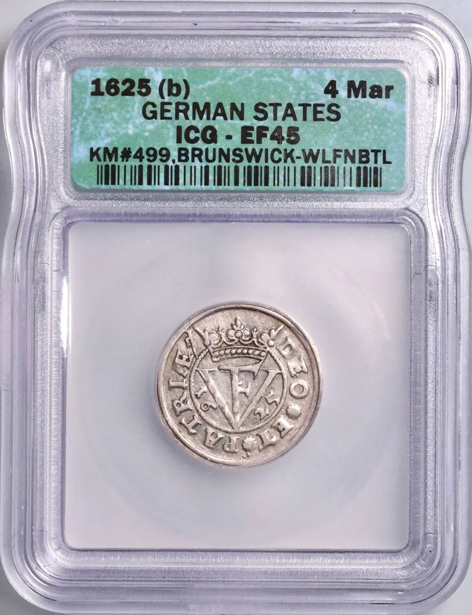 German States, Brunswick-Wolfenbuttel: silver 4 mariengroschen, 1625 CE. ICG EF45.