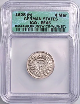 German States, Brunswick-Wolfenbuttel: silver 4 mariengroschen, 1625 CE. ICG EF45.