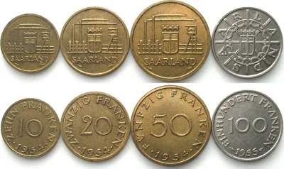 1954-1955 SAAR. Complete set 10,20,50 Franken 1954, 100 Franken 1954 AU