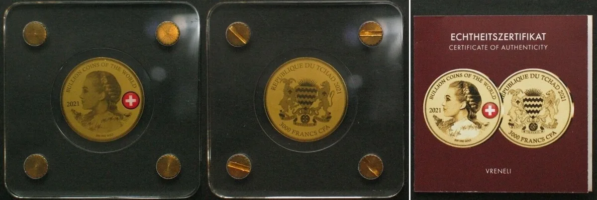 2021 CHAD 3000 Francs 2021 Vreneli BULLION COINAGE OF THE WORLD Gold 1/500 oz BU
